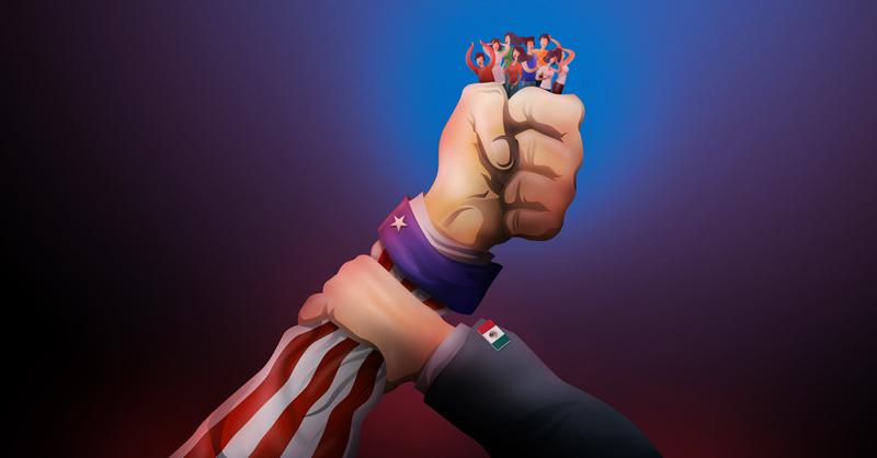 A hand retaining people