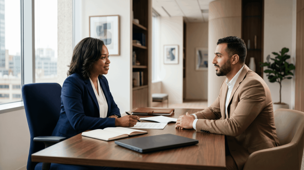 Attorney providing Boston immigration legal services during a client consultation in a law office